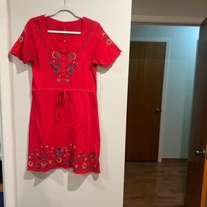 Johnny Was Red Embroidered Dress